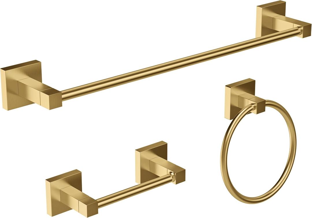 RUACQ 3 Pieces Bathroom Hardware Set, SUS 304 Stainless Steel Toilet Paper Holder, Towel Ring, 18-inch Towel Bar Set, Wall Mounted, Heavy Duty (Brushed Gold)
