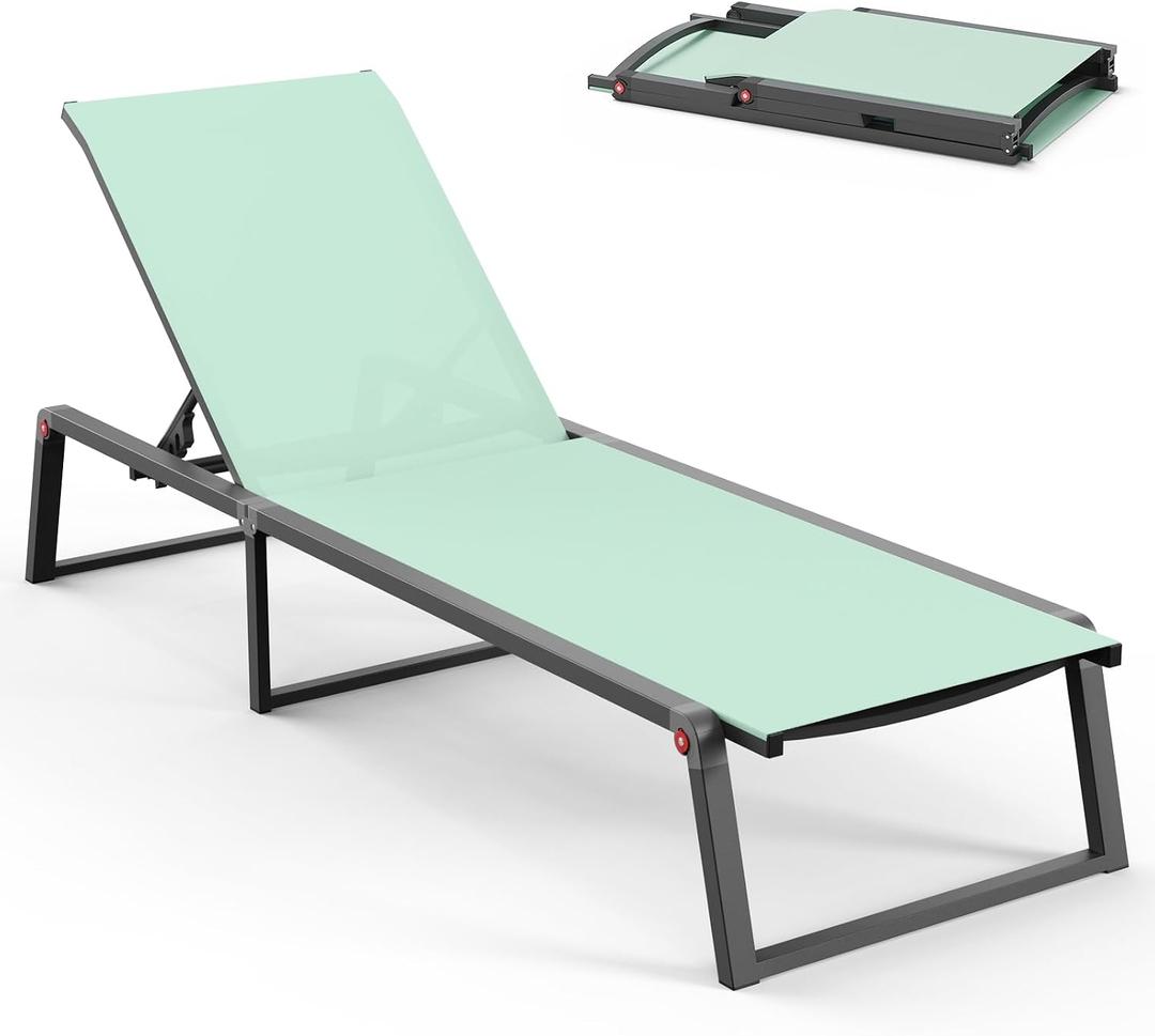 Aluminum Chaise Lounge Chair Outdoor, Foldable& No Assembly Patio Pool Lounge Chairs 5-Position Recliner for Outside, Fully Grounded Legs Sun Lounger for Poolside, Light Green