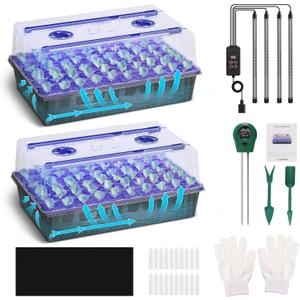 Seed Starter Tray with Grow Light, 2 Pack 120 Cells Seedling Tray Kit with 3-in-1 Soil Moisture Meter, Indoor Seedling Starter Tray for Plant Germination, Seeds Growing
