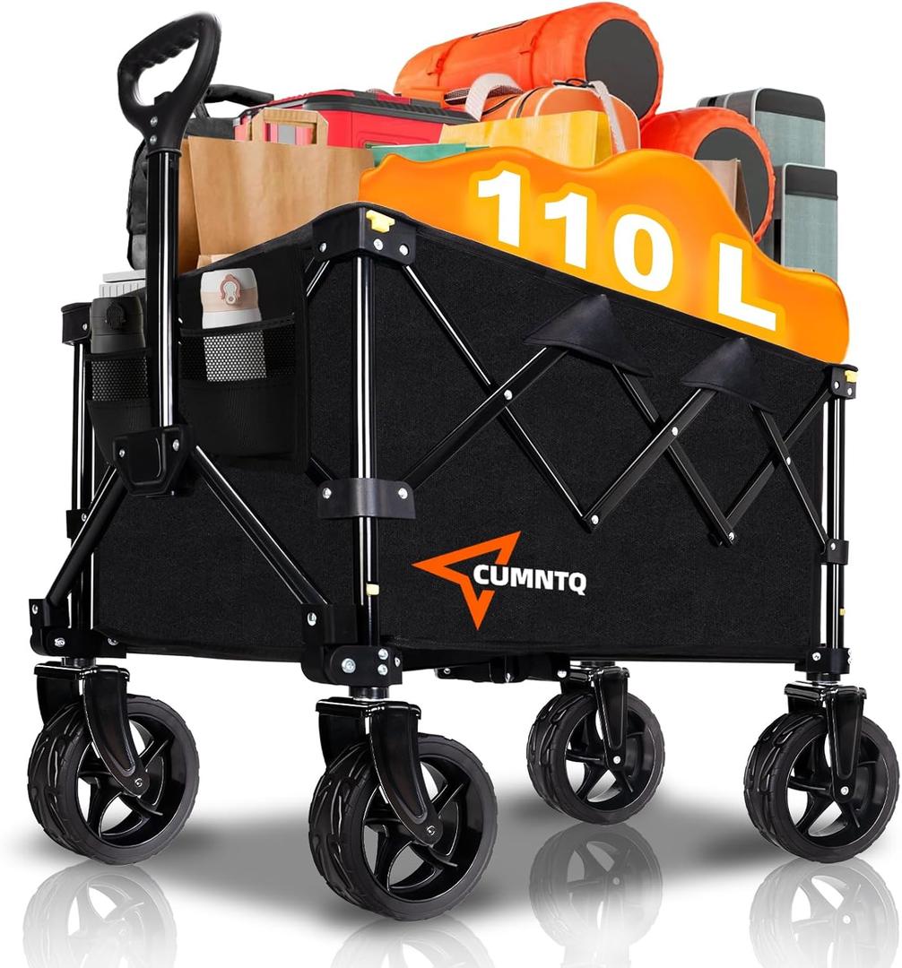 Collapsible Wagon Cart with Wheels, Heavy Duty Foldable Wagon Cart with 230lbs Weight Capacity, Utility Beach Wagons Portable for Outdoor, Grocery, Camping, Shopping, Black (120L)