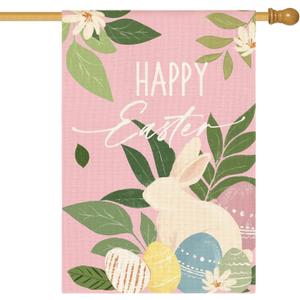 2 x AVOIN colorlife Happy Easter House Flag 28x40 Inch Double Sided Outside, Bunny Rabbit and Eggs Floral Yard Outdoor Flag Blue Pink