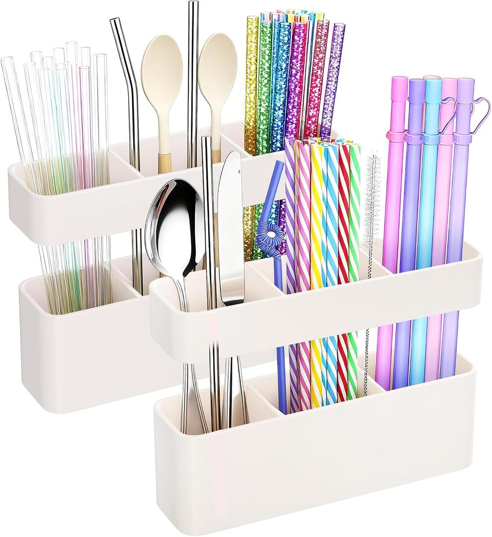 2 x MoodLife 2-Pack Silicone Straw Holder for Cabinet Door,Reusable Adhesive Container for Kitchen Storage Solutions, Cupboard Organizer and Space Saving Hacks (White)