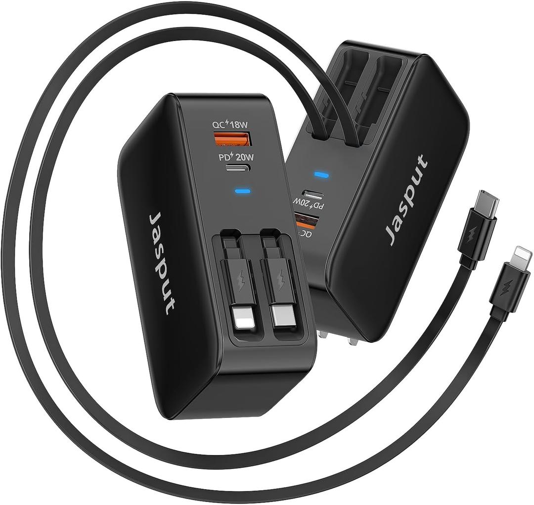 4 in 1 Retractable Wall Charger with Dual Cables,40W Retractable Phone Charger Wall Plug with Dual USB Ports,20W USB C Chargers Block Fast Charging for iPhone 17 16 15 14 13,LG, Galaxy S24 23,Pixel