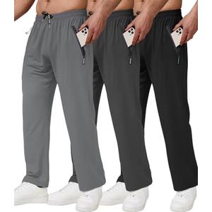 lomsoe 3 Pack Men's Athletic Pants with Zip Pockets, Lightweight Workout Sweat Pants Gifts for Men Black-L Grey-XL