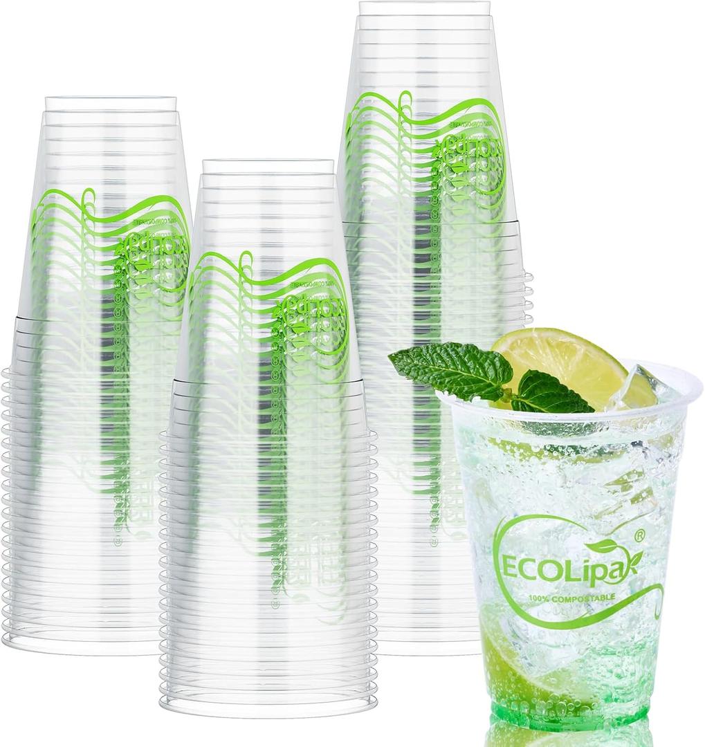 ECOLipak 100 Count 9 OZ Clear Compostable Plastic Cups, Disposable Plant-Based Biodegradable Drinking Party Cups, PLA Plastic Cold Tumblers for Daily, Family, Party, Gathering