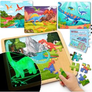 SYNCFUN 4 Packs Magical Dinosaur Wooden Puzzles Glow in The Dark, 35 & 24 PCS Puzzles Board for Preschool Educational Toddlers, Dinosaur Toys for Kids Ages 3-5 Birthday Valentine Easter Gifts