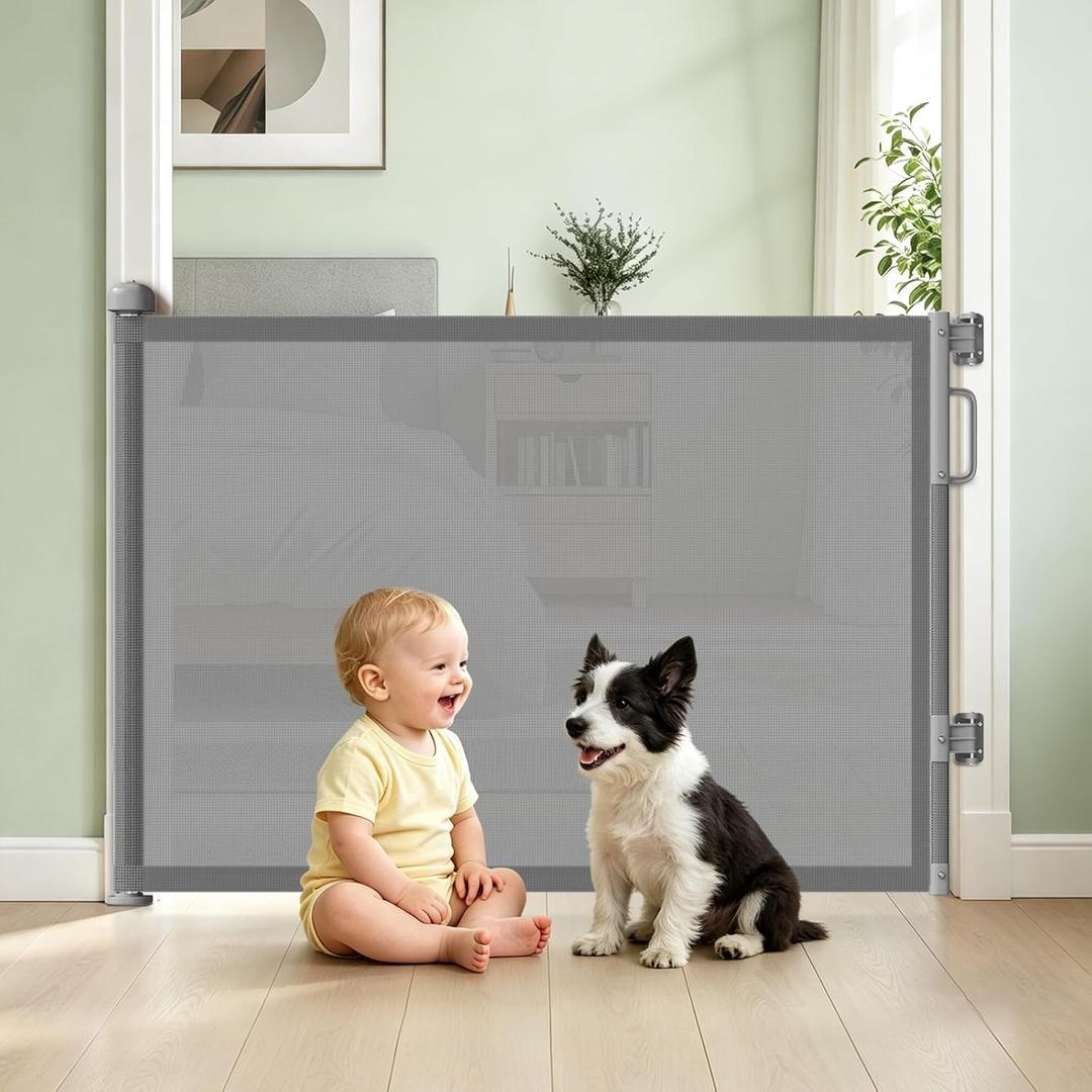 Retractable Baby Gate for Stairs & Doorways, Mesh Dog Gate Indoor Outdoor, Extends to 55" Wide 34" Tall Child Gate for Hallways, Deck, Porch, Pet Toddler Safety Essentials, Easy Install, Grey (Gray)