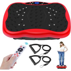 Vibration Plate Exercise Machine, Health & Fitness Full Body Vibration Platform, Portable Vibration Plate Platform for Weight Loss Home Fitness, Lymphatic Drainage, w/Resistance Bands+Remote (Red)