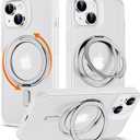 360 Rotatable Magnetic Ring Kickstand for iPhone 15 Case [Non-Slip Texture Edge] [Compatible with MagSafe] [Military Shockproof] Translucent Matte Soft Silicone Bumper Slim Cover, 6.1'', White