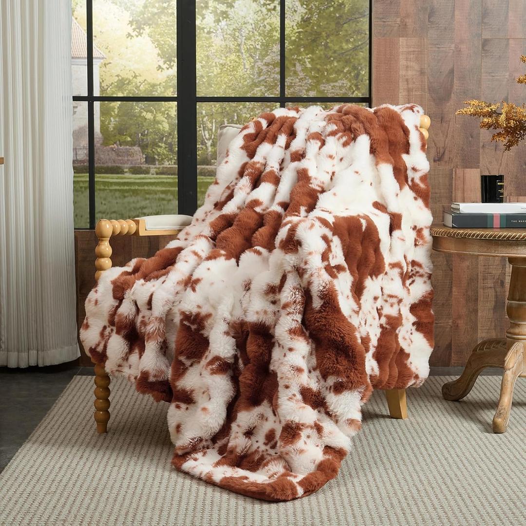 Lotus Karen Faux Fur Throw Blanket Cow Print-Light Brown, Fluffy Fuzzy Plush Bubble Blanket for Couch, 60x50 Inches Cozy Shaggy Rabbit Blanket, Luxury Decorative Gifts for Sofa Bedroom Living Room.