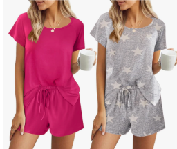 Ekouaer 2 Pack Womens Pajama Sets Short Sleeve Sleepwear Soft Crew Neck Pj Shorts Set Printed Loungewear Set, Medium