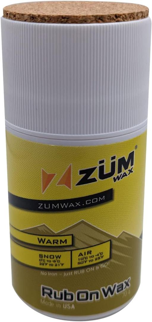 ZUMWax Rub-On Ski/Snowboard/Nordic/Cross-Country Wax 70g, WARM Temperature, Easy cork applicator, long-lasting performance, secret vanilla scent, Made in USA, PFAS-free, Excellent spring wax