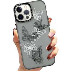 Butterfly Case for iPhone 12 Pro Case Cute Black and White Butterflies Print Pattern Design Phone Cases with Screen Protector for Women Girls Translucent Matte Slim Protective Cover