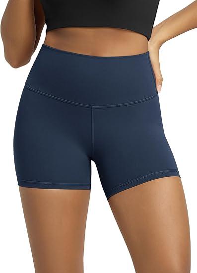 ODODOS Tummy Control Compression Shorts for Women, 4" Inseam High Waist Workout Biker Shorts with Inner Pocket, Contrast Piping Navy, X-Large