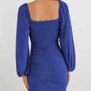 MEROKEETY Women Square Neck Lantern Long Sleeve Mesh Ruched Bodycon Clubwear Mini Dress (Medium, Blue)