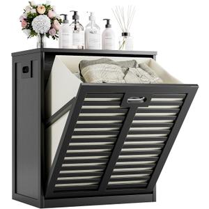 HITNET Tilt Out Laundry Hamper, Bamboo Laundry Cabinet with Pull Out Removable Bag, 20 Gal Clothes Basket with Metal Handle for Bathroom Kitchen, Black