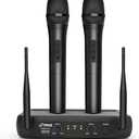 Pyle Dual Channel Microphone System-VHF Fixed Dual Frequency Wireless Set with 2 Handheld Dynamic Transmitter Mics, Receiver Base-for PA, Karaoke, Dj Party (PDWM2135) , Black
