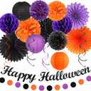 Black-Purple Orange Happy-Halloween Party-Decorations - 21pcs Birthday Banner,Paper Lanterns Honeycomb,Tissue Pom Poms Flower Fan,Kids Classroom Hanging Streamers Garland Decor Supplies Huglony