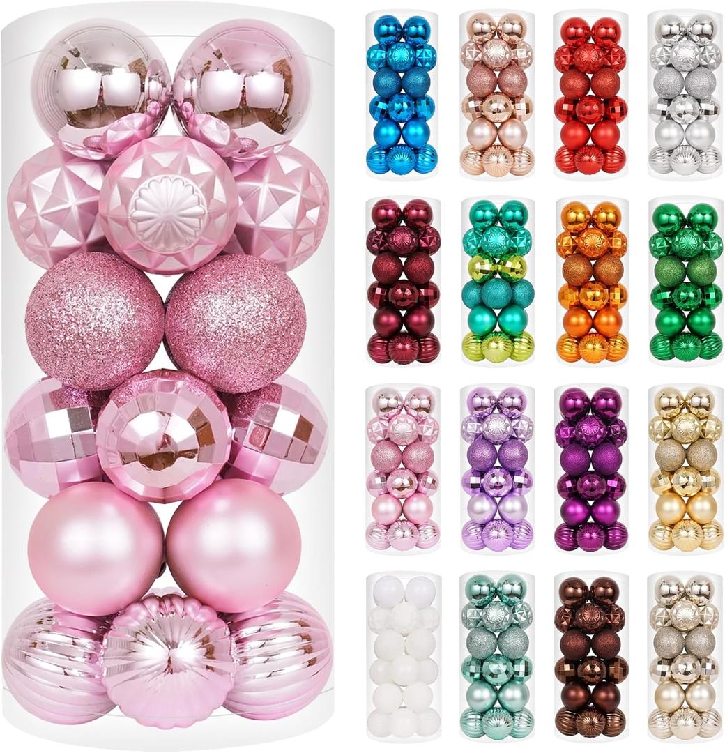XmasExp 24ct Christmas Ball Ornaments Shatterproof Christmas Ornaments Set Decorations for Xmas Tree Balls 40mm/1.57 (1.57'', Pink)
