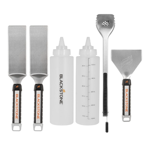 BLACKSTONE 6 Pcs Grill Scraper, Heavy Duty BBQ Tongs, Barbecue Metal Hamburger Spatula 2 & Batter Dispenser & Mixer Bottle – Grilling Tools & Accessory