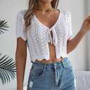 Crochet Shrug Sweater Short Sleeve Tie Front Cropped Cardigan Lightweight Summer Cover Shawl Tops
