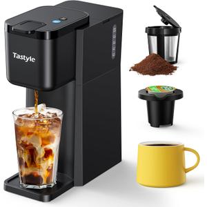 Mini Hot and Iced Coffee Maker Single Serve, for K Cup and Ground, 6 to 14 Oz Brew Sizes, with Recipe Book, for Home, Travel, RV, Office and Dorm, Classic Black (2.0 Version)