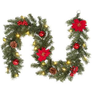 Adeeing 6 ft Christmas Garland with Lights, Pre-lit Christmas Garland with 20 LED Ligts Pinecones Red Berries Poinsettia, Indoor Outdoor Garland for Home Fireplace Staircase Decoration