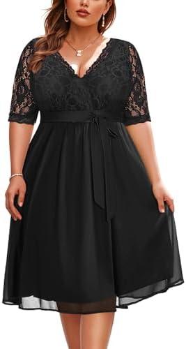 Pinup Fashion Plus Size Lace Chiffon Wrap V Neck Dresses Women Cocktail Wedding Guest Midi Dress 20W, Black