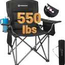 FUNDANGO Oversized Camping Chair for Adults, Heavy Duty Portable Foldable Lawn Chair with Padded Seat & Back, Lumbar Support, 4-can Cooler & Cup Holder, Carry Bag Included for Outdoor (1 Pack Black)