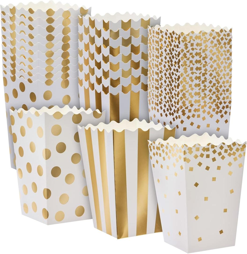 102 Pack Gold Foil Mini Popcorn Boxes for Movie Night Party Supplies, 3 Designs (20oz, 3.5x3.5x5.5 in)