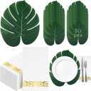 AmazingSpark 50 Pcs Palm Leaf Placemats and 75 Pcs Disposable Gold Foil Trim Guest Napkins for Wedding Birthday Party Bridal Baby Shower Hawaiian Luau Tropical Table Centerpiece