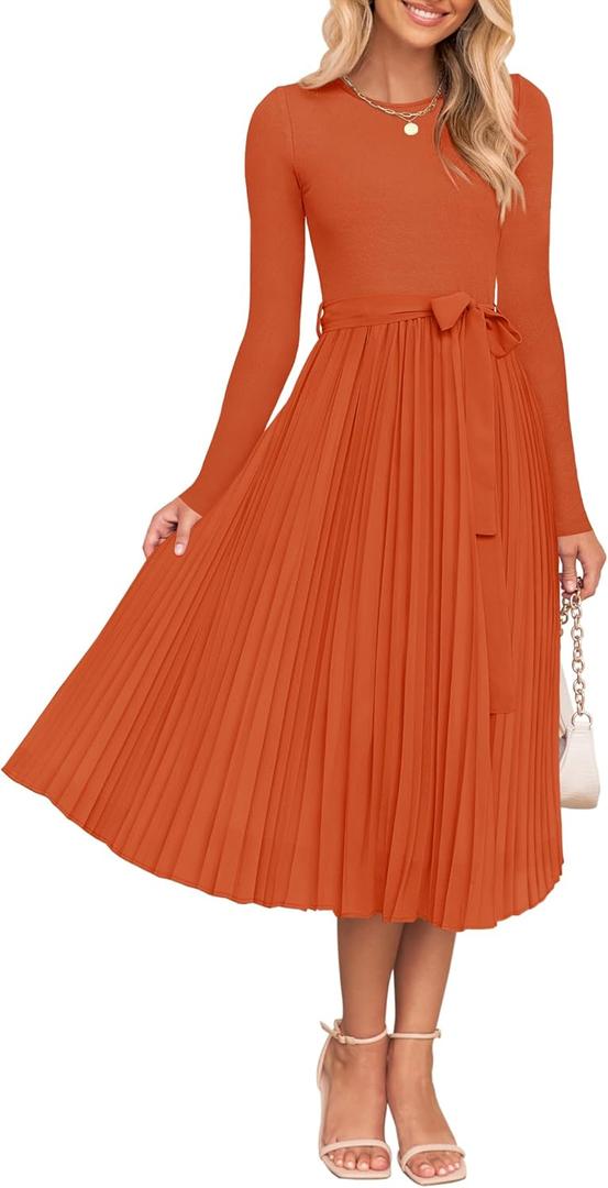 ZESICA Women's Fall Long Sleeve Midi Dress Casual Crewneck Knit Belted Pleated A Line Flowy Party Dresses (Medium)