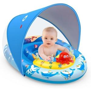 EZIGO Baby Pool Float with Canopy UPF50+ Sun Protection, Inflatable Kids Pool Floats with Ocean Animal Toys for Baby 6-36 Months, Infant Swimming Float with Adjustable Safety Seat for Boys Girls