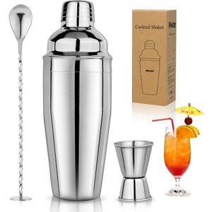 24oz Cocktail Shaker Set Martini Shaker Set Bartender Set with Margarita Mixer Drink Shaker, Measuring Jigger and Mixing Spoon - Professional 18/8 Stainless Steel Bar Tools for Mixed Drinks (3pcs, Silver)