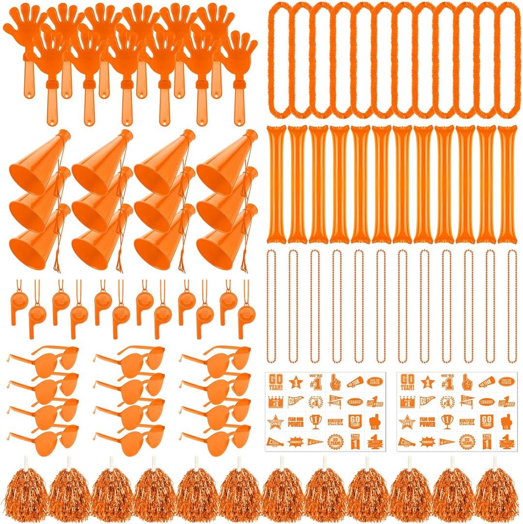 Soulchen 360 Pcs Orange Team Spirit Accessories Bulk Field Day Accessories Pep Rally Color War Camp Spirit Events Party Items Cheerleading Pom Poms Clappers Thunder Stick Whistle Megaphone