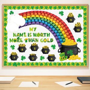 Chiisong St. Patrick's Day Bulletin Board Shamrock Gold Coin Pot Paper Cutout Rainbow Clover Classroom Decor March Bulletin Board with Border for Irish Party Door Wall Classroom Home Office Supplies, Pack Of 2