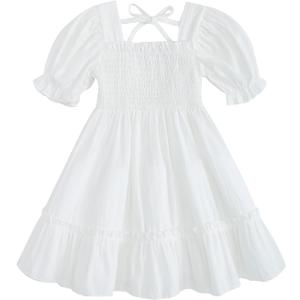 Toddler Girl Summer Dress Kids Short Sleeve Smocked Boho Princess Dresses Casual Beach Sundress (White),5-6Y
