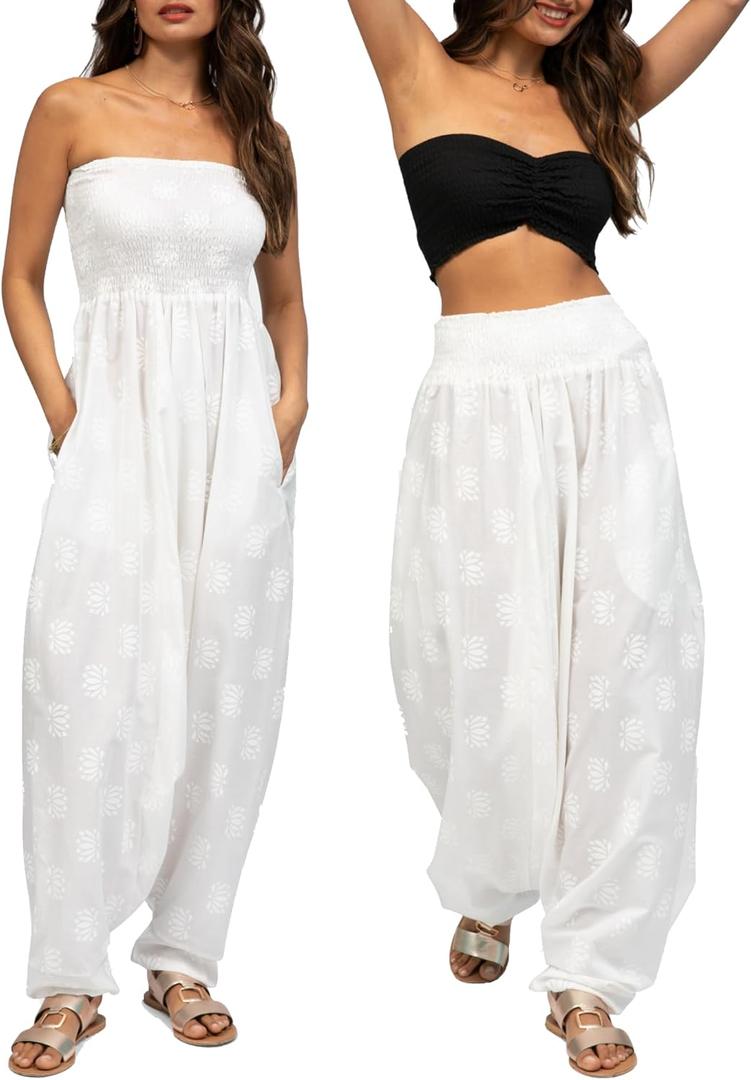likemary Harem Pants Women Jumpsuits  Maxi Romper Pulls Down into Boho Print Cotton Pants  One Size 2-in-1 Outfit & Pockets (White Lotus)