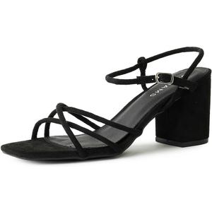 J. Adams Camila Sandals for Women - Square Open Toe Strappy Mid Block Heels (8, Black Vegan Suede)