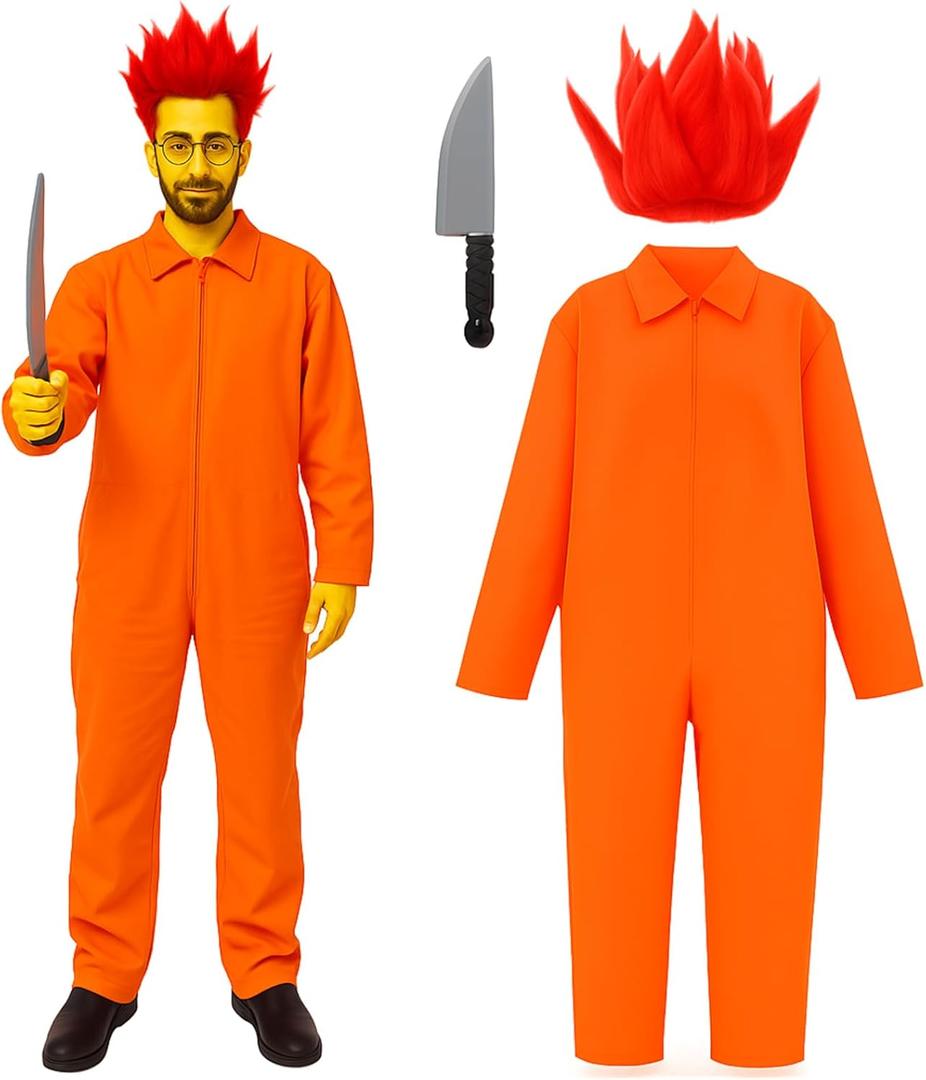Halloween Orange Prisoner Cosplay Costume with Men's Red Wig Spiky Synthetic Short Hair and a Simulated Short Knife Prison Jumpsuit Adult Halloween Costumes for Men Jail Outfit