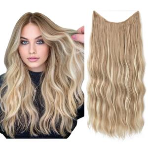 SARLA Invisible Wire Hair Extension with 3 Clips Synthetic Long Beach Wave Hairpiece Transparent Adjustable Headband for Women 24 Inch Dirty Blonde