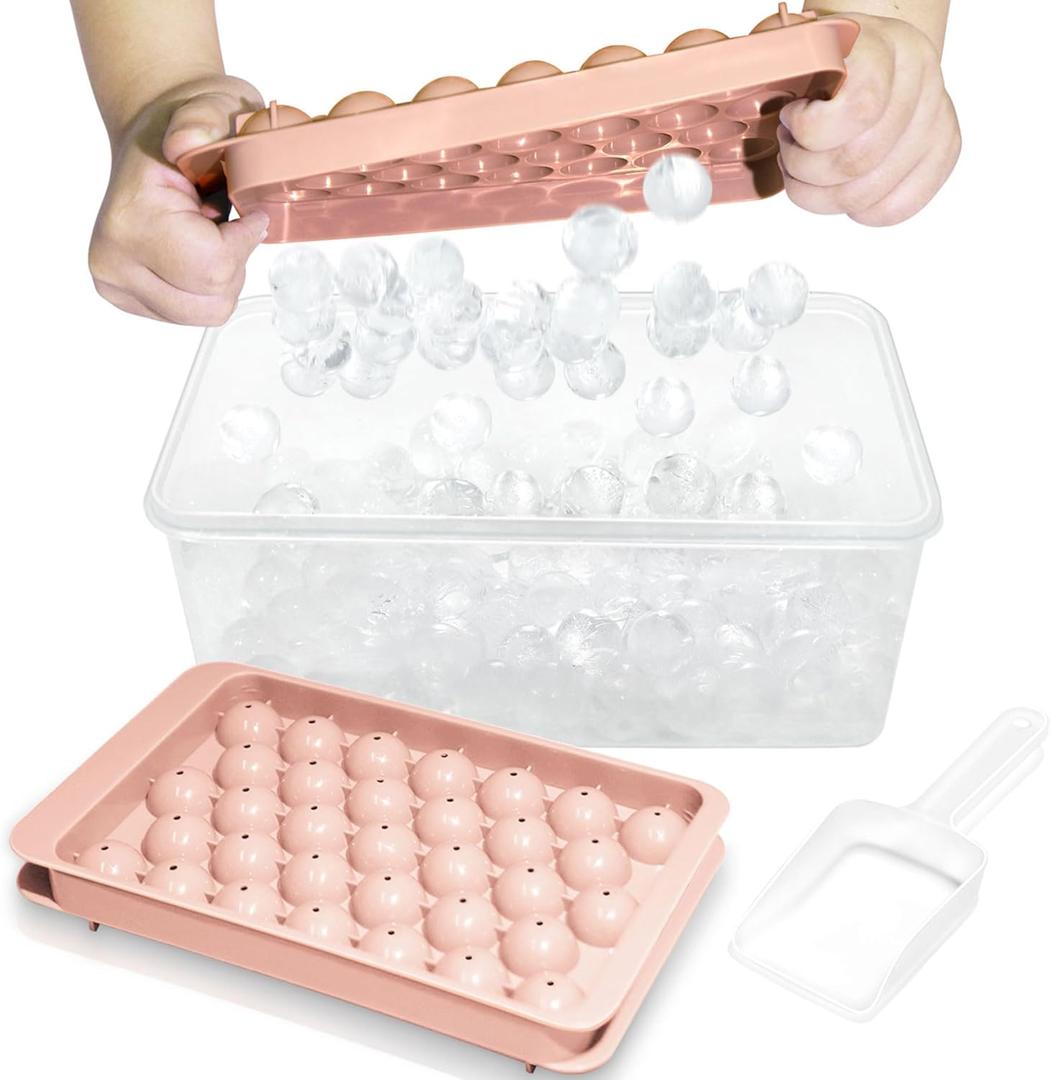 2 x WIBIMEN Ice Cube Tray with Lid and Bin - Round Ice Trays for Freezer with Lid - Ice Cube Trays for Freezer with Ice Container (1"-2PACK Pink)