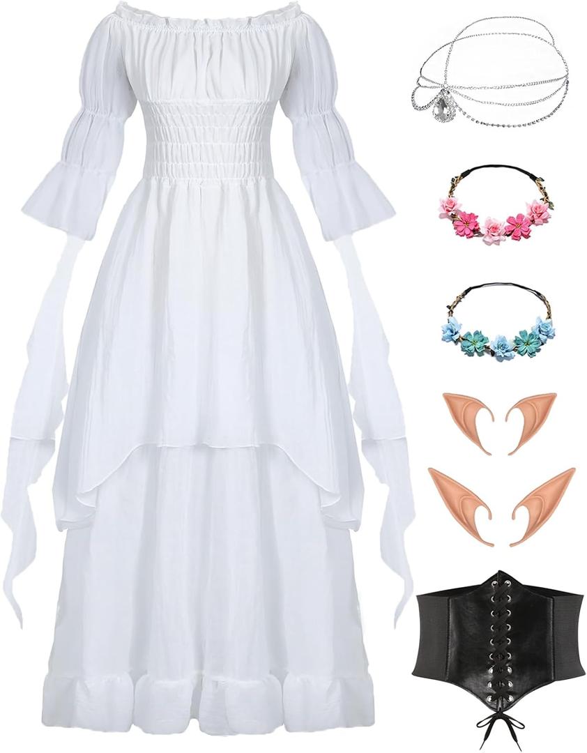 Oumbivil 7 Pcs Women Renaissance Dress Adult Pirate Costume Medieval Viking Fairy Victorian Cottagecore Corset (3X-Large, White)