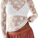 Hafailia Mesh Long Sleeve Tops for Women - Sexy Sheer Mock Neck Lace Floral Y2K Going Out Blouse Shirts White L (White, L)