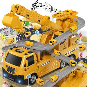 Lucky Doug Crane Excavator Toys with Cars Race Track Play Set for Boys Age 3-5, Kids Excavator Crane Truck Toy with Light & Sounds, Construction Vehicle Toys Birthday Gifts for 3 4 5 6 Years Old Boys