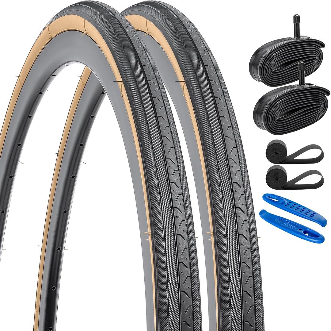 YUNSCM 2-PCS 27 inch Bike Tires 27x1 1/4 (32-630) Compatible with 27x1 1/4 27x1 1-4 Road Bike Bicycle Tires ((Brown)-2 Bike Tires+2 Tubes+2 Rim Strips)