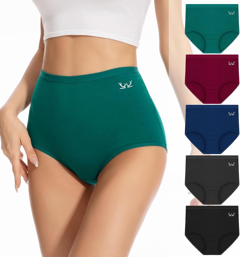 PULIOU Women's High Waisted Cotton Underwear Stretch Briefs Full Coverage Soft Breathable Panties 5 Pack (M)