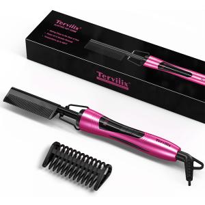Hot Comb Electric by Terviiix, Pressing Combs for Natural Black Hair, Wigs & Beard, Anti-Scald Straightening Comb with Keratin & Argan Oil Infused Teeth, Temperatures Adjustable, 60 Min Auto Shut Off (Pink)