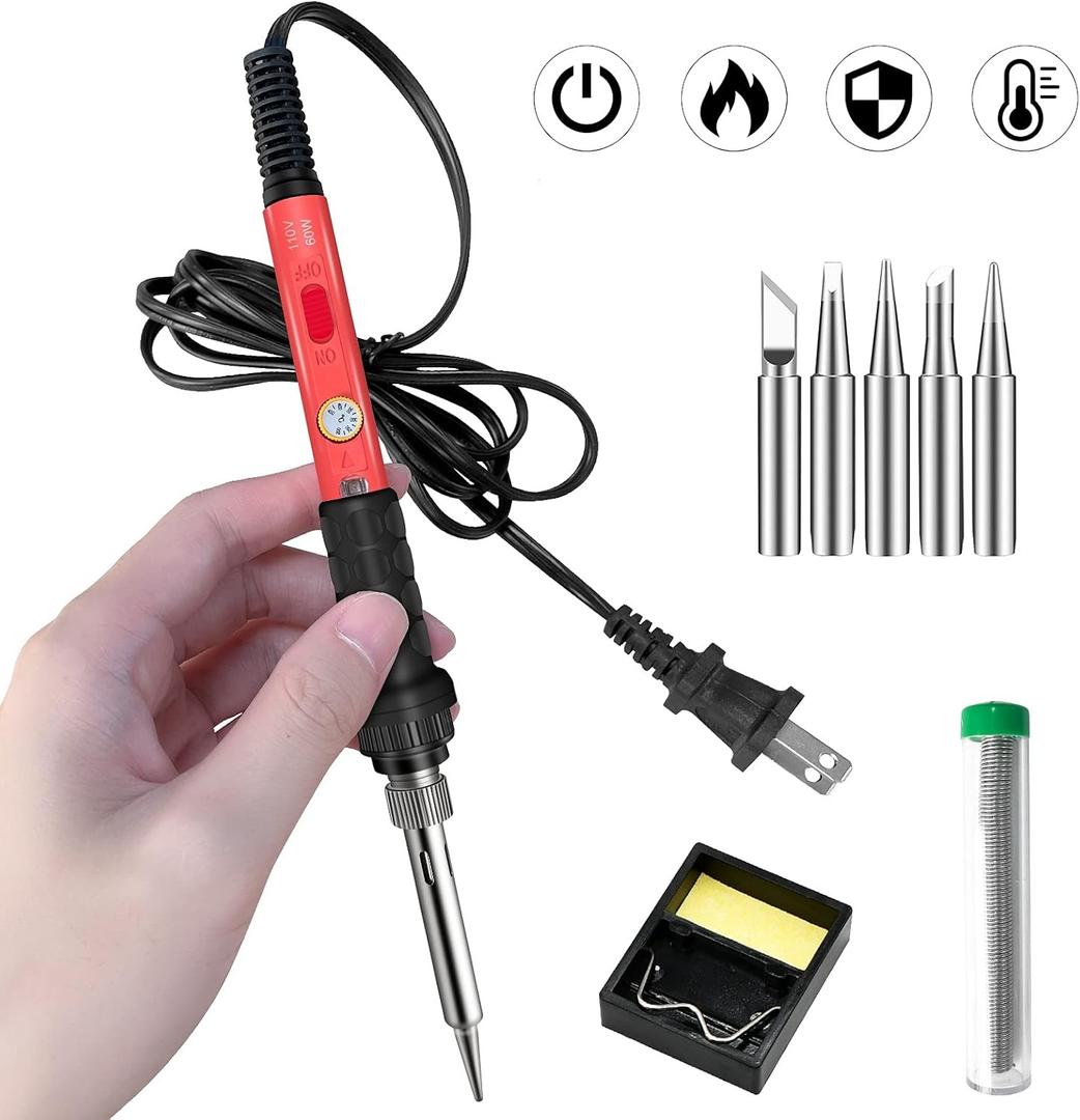 Soldering Kit, 60W Soldering Iron, 110V Welding Kit with Ceramic Heater, Portable Solder Irons with 5pcs Extra Tips, Stand, Solder Tube, Sponge, for Electronic Repair (9-in-1 Basic)