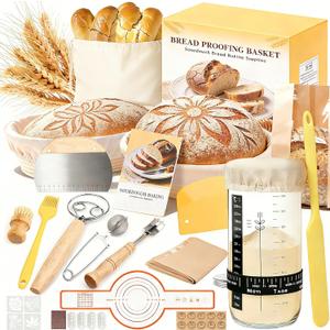Sourdough Starter Kit, Sourdough Bread Baking Supplies, Round & Oval Banneton Bread Proofing Basket, Bread Sling, Starter Jar, Dough Whisk, Scrapers, Stencils & Bag, Complete Sourdough Kit Gifts